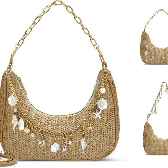 Straw Beach Purse Women Summer Bag with Shell Pearls & Detachable Strap - Picture 1 of 7